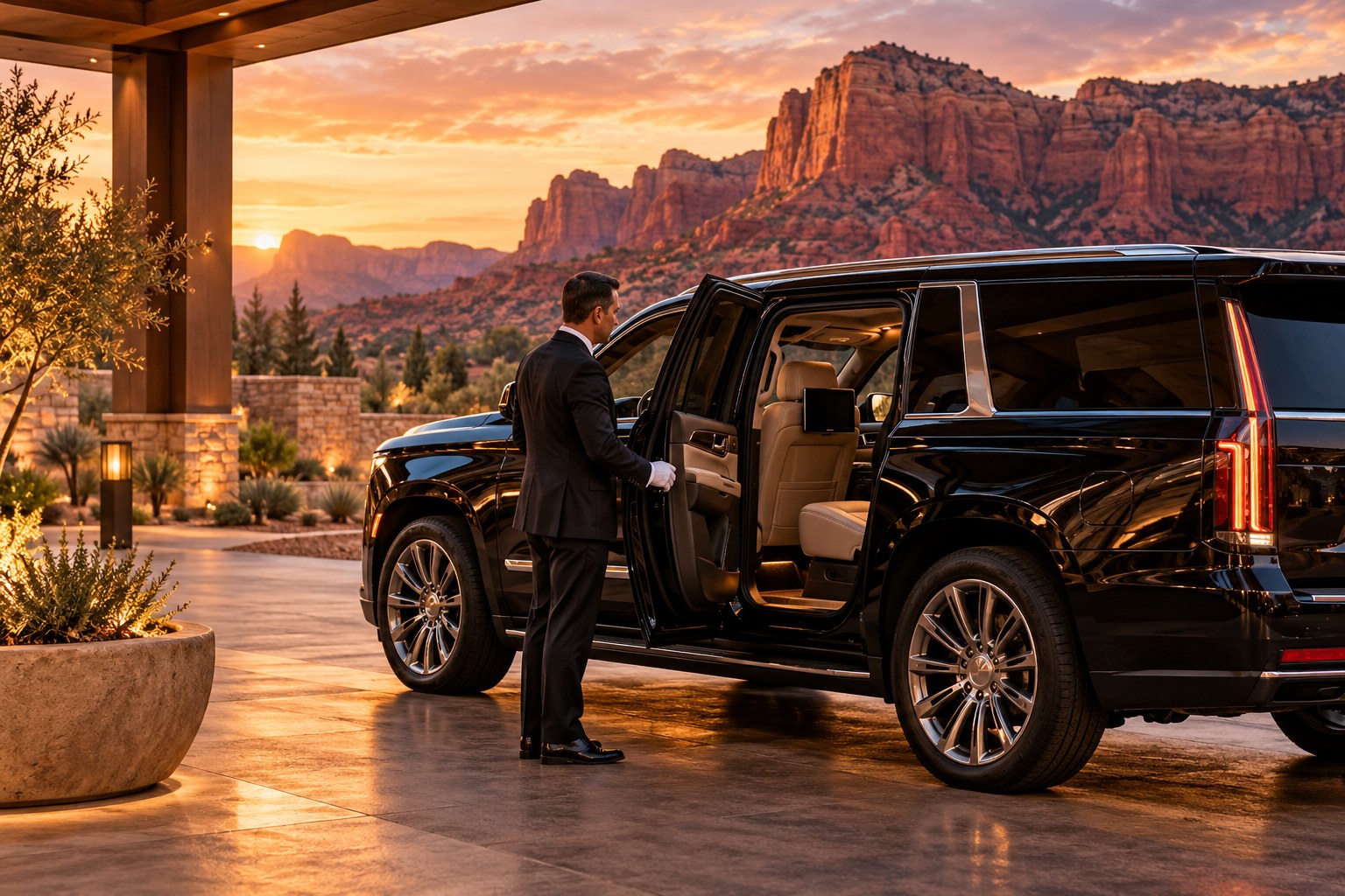 Illustrative private chauffeur and vehicle at a red-rock resort