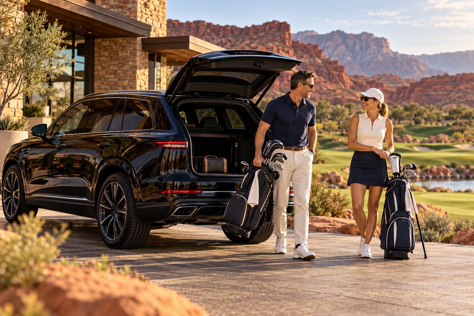 Illustrative golfers enjoying a Southern Utah clubhouse arrival