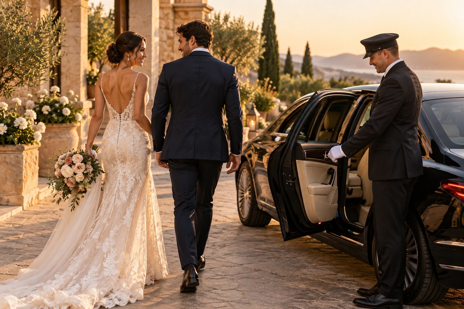 Illustrative wedding couple approaching a chauffeured vehicle